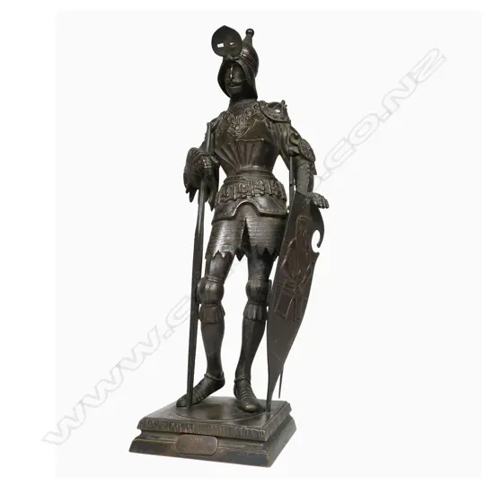 A c.1900 FR. Unterburger (Innsbruck) bronze figure of Theodoric the Great 'King of the Ostrogoths' - finely detailed with moveable visor, supporting a lance and sword, a shield to his left hand. Detailed signature and entitlement. Based on the original 16th bronze by an unknown sculptor. H.355mm.