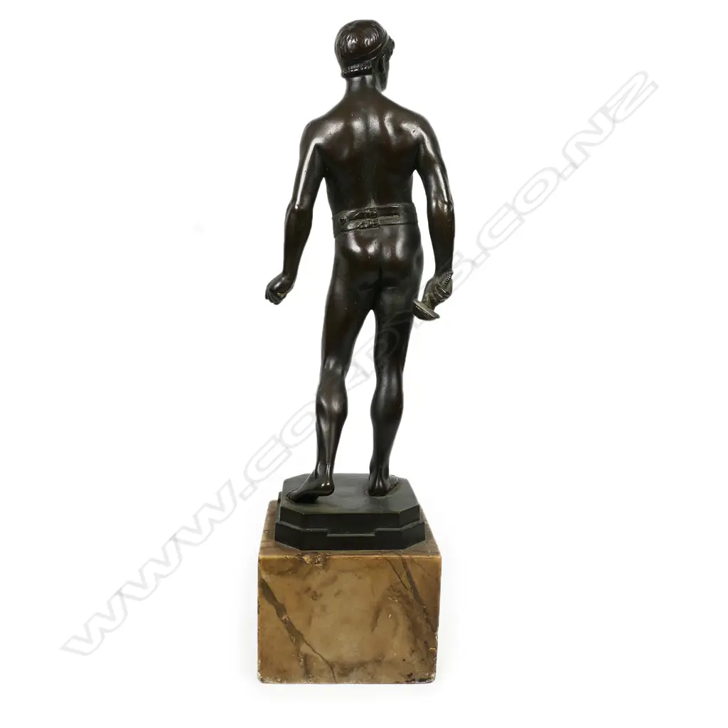 Early 20thC bronze attributed to Rudolf Kuchler ‘Veni - Vidi - Vici’ - depicts a warrior in repose looking right with the famous words of Julius Caesar cast to the base ‘Veni, Vidi, Vici’ - I came, I saw, I conquered. Mounted to a square marble plinth. H.310mm. Image 1++