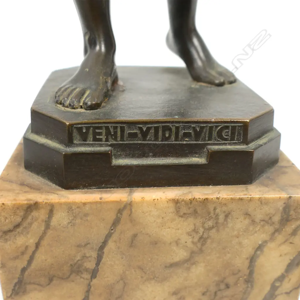 Early 20thC bronze attributed to Rudolf Kuchler ‘Veni - Vidi - Vici’ - depicts a warrior in repose looking right with the famous words of Julius Caesar cast to the base ‘Veni, Vidi, Vici’ - I came, I saw, I conquered. Mounted to a square marble plinth. H.310mm. Image 1++