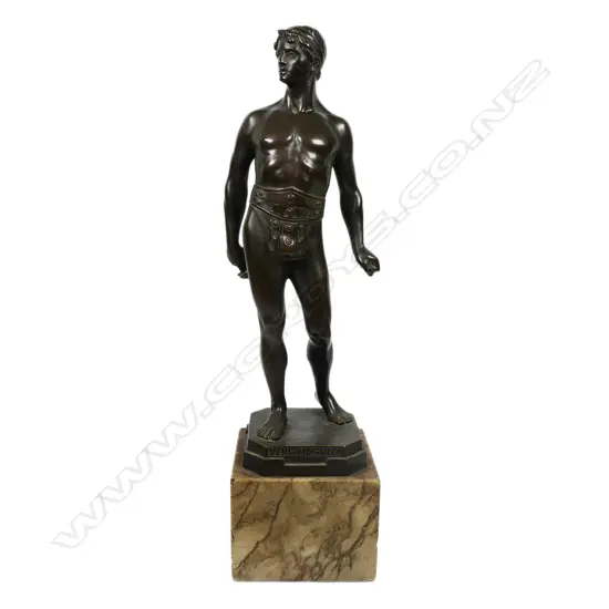 Early 20thC bronze attributed to Rudolf Kuchler ‘Veni - Vidi - Vici’ - depicts a warrior in repose looking right with the famous words of Julius Caesar cast to the base ‘Veni, Vidi, Vici’ - I came, I saw, I conquered. Mounted to a square marble plinth. H.310mm.