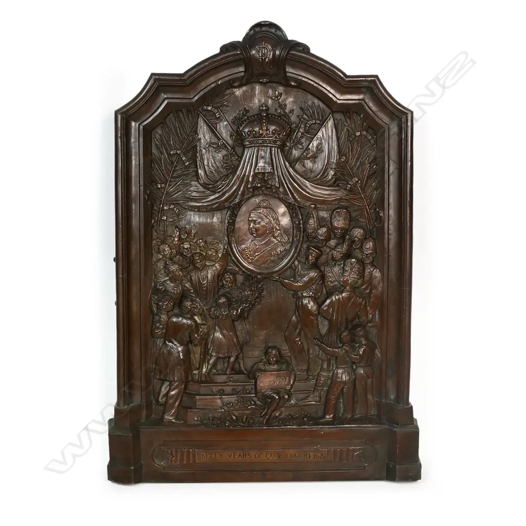 A late Victorian solid bronze plaque - celebrating '60 Years Of Glorious Reign' of Queen Victoria, 1837-1897. Decorated in relief with various military and other figures admiring her portrait plaque under a crowned pelmet and flags. Signed by the sculptor C Caccia. 640 x 430mm. Image 1++
