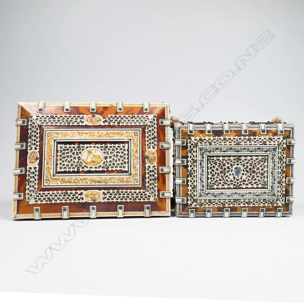 Two antique vizagapatam tortoiseshell and ivory boxes - the ivory with engraved and coloured decoration, the interiors lined, one with a mirror to the lid. Both raised on paw feet. Some old damage. 150 x 120 x 80mm and 120 x 100 x 65mm. Image 1++