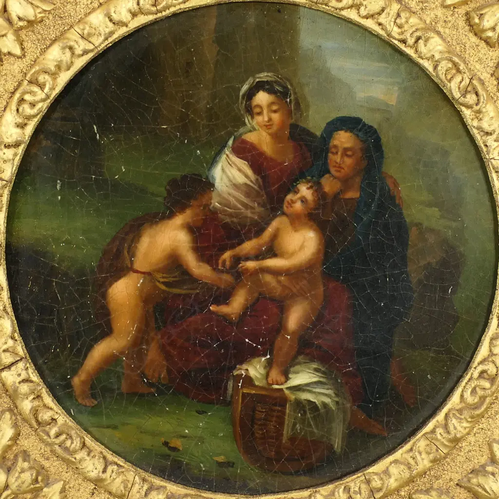 A 19thC miniature oil painting of the 'Holy Family' - on panel, in ornate gilt frame with some losses. 200 x 200mm. Image 1++