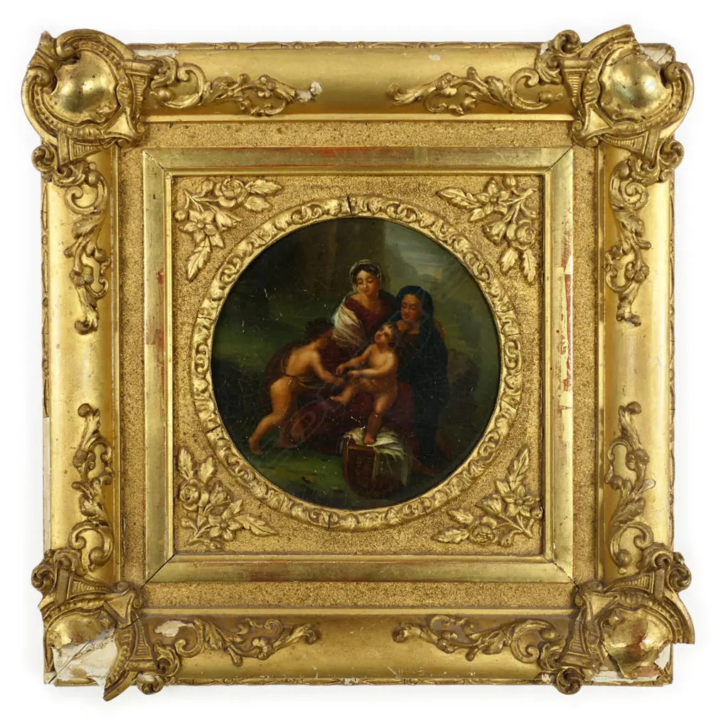 A 19thC miniature oil painting of the 'Holy Family' - on panel, in ornate gilt frame with some losses. 200 x 200mm. Image 1++