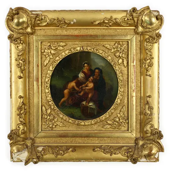 A 19thC miniature oil painting of the 'Holy Family' - on panel, in ornate gilt frame with some losses. 200 x 200mm.