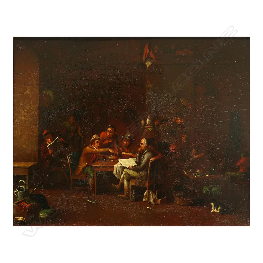 Two 19thC chromolithographs on tin - The Blind Fiddler and Village Politicians by David Wilkie. 180 x 230mm. Image 1++