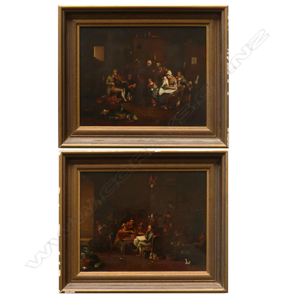 Two 19thC chromolithographs on tin - The Blind Fiddler and Village Politicians by David Wilkie. 180 x 230mm. Image 1++