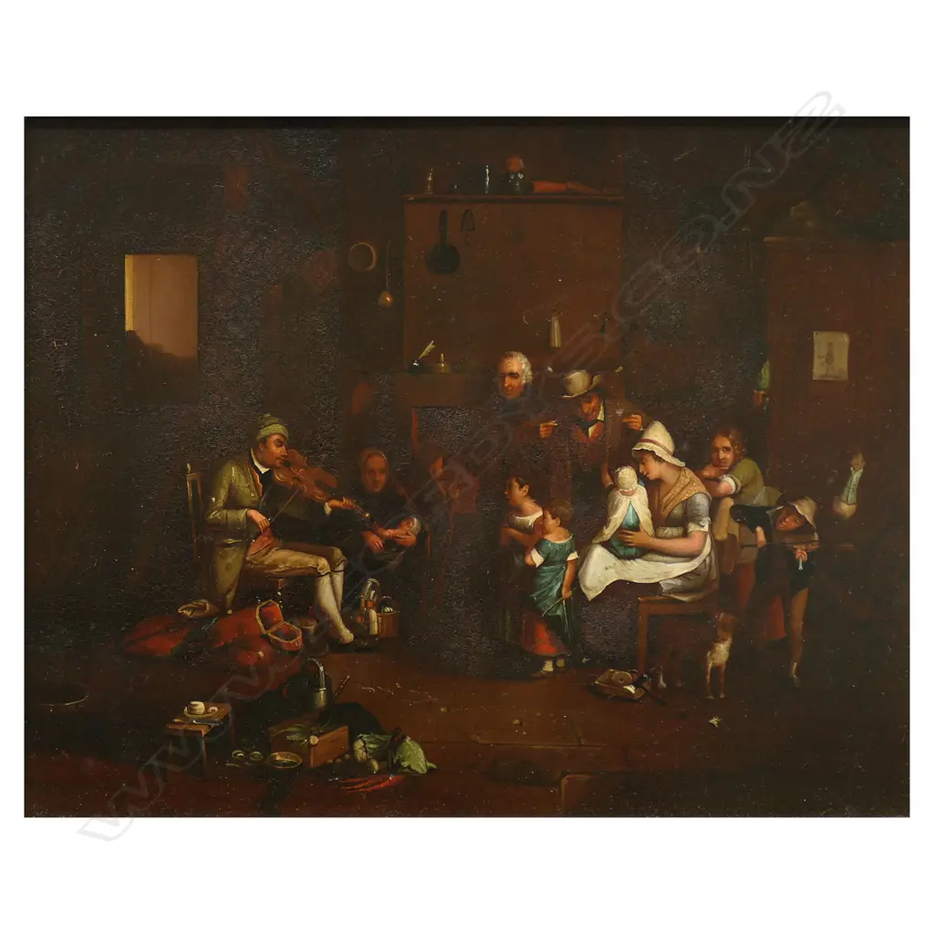 Two 19thC chromolithographs on tin - The Blind Fiddler and Village Politicians by David Wilkie. 180 x 230mm. Image 1++