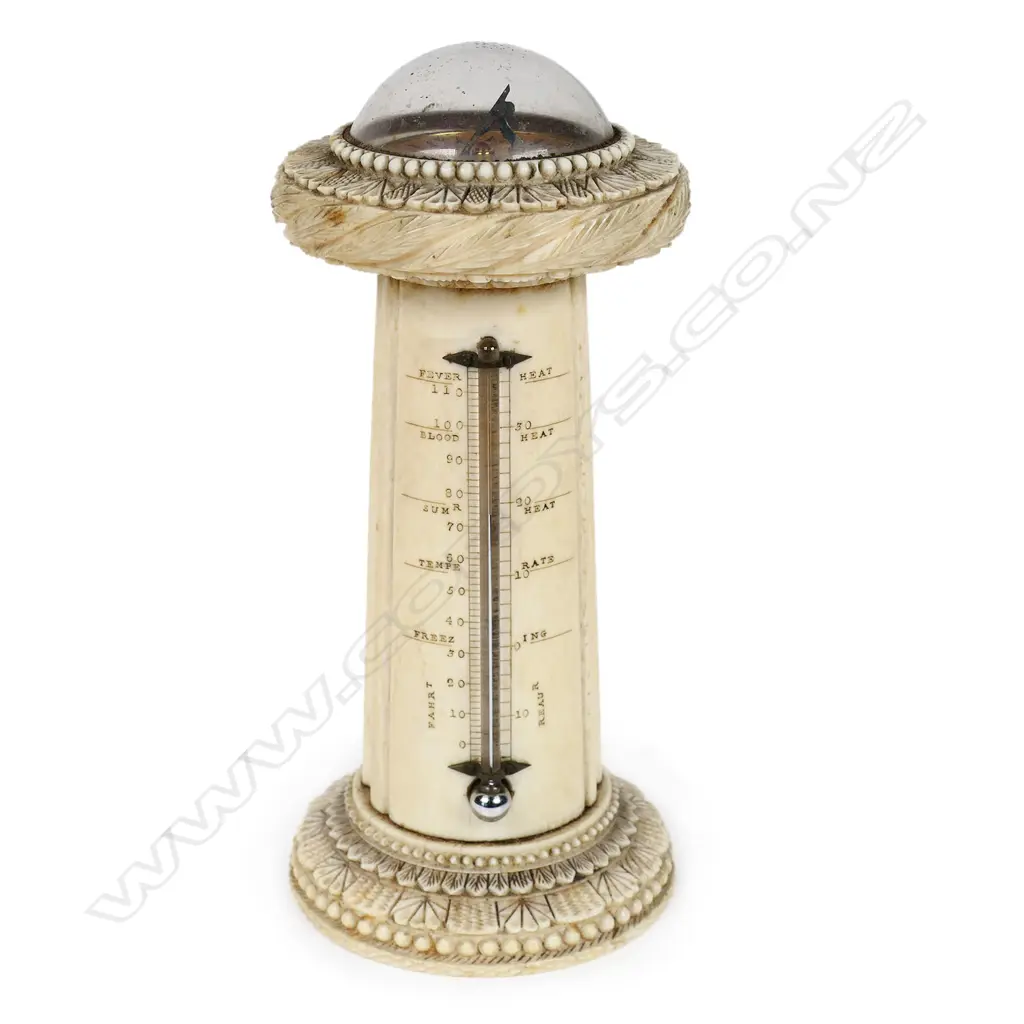 An uncommon William IV carved ivory desk top combination sundial compass thermometer - with paper plateau, signed 'C Essex & Co, London' under glass dome, the tapered column with glass thermometer framed by engraved scale. The top and base rims with panel carved, leaf and bead decoration. H.160mm. Image 1++