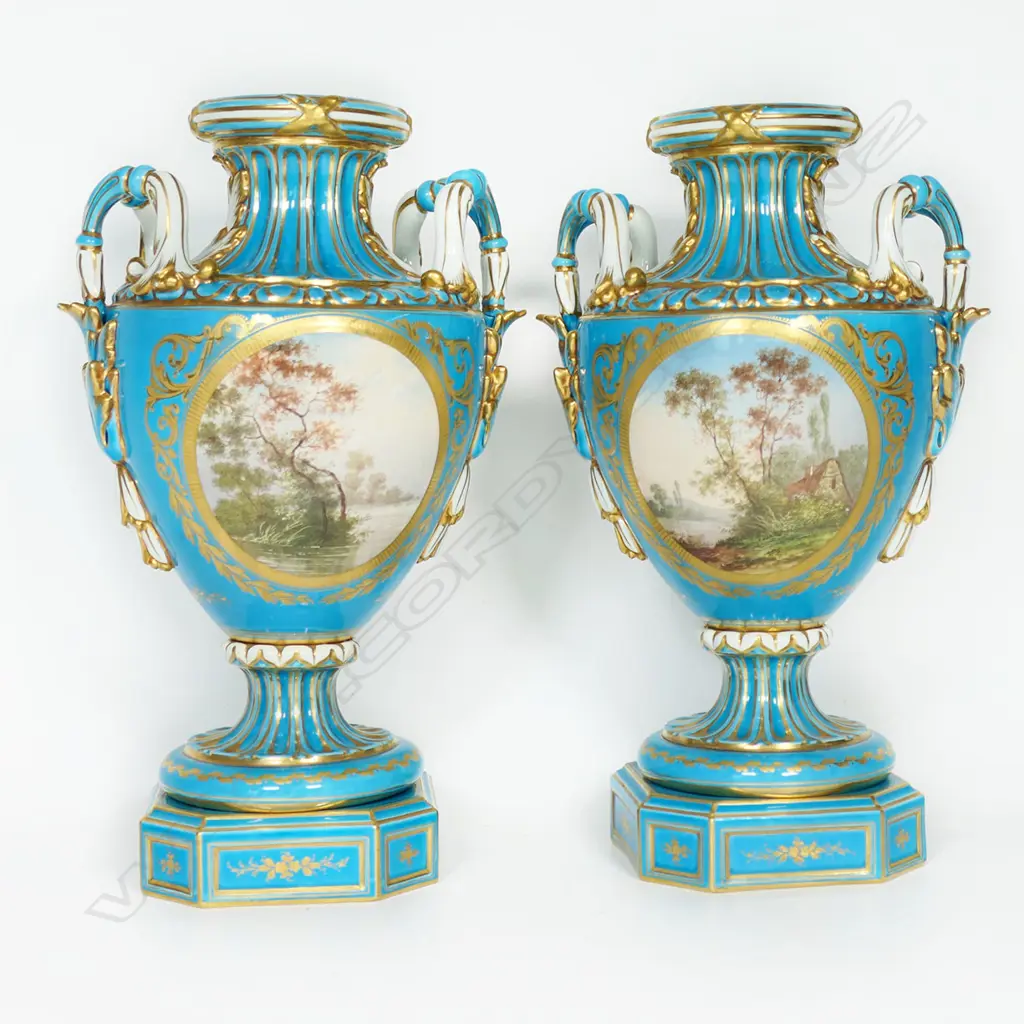 A pair of hand painted 19thC Sèvres porcelain urn vases, Image 1++