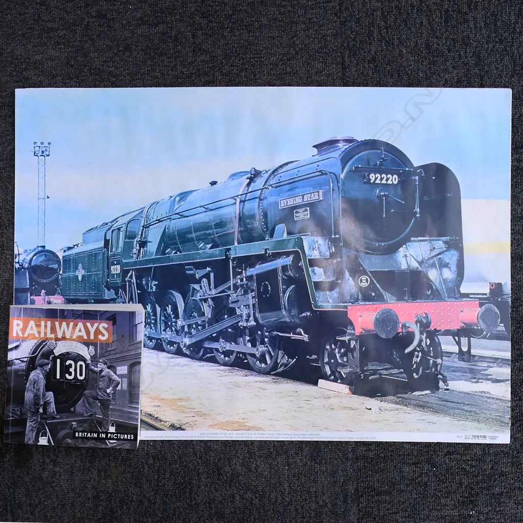 A large cased model of a steam train 'Evening Star 92220’ - on realistic track, together with a book and print. 1850 x 240 x 455mm. Provenance: Made by John Borrows, an Auckland engineer who was the brains behind Fisher & Paykel's revolutionary SmartDrive washing machine. In Mr Borrows’ spare time he was a model maker. Image 1++