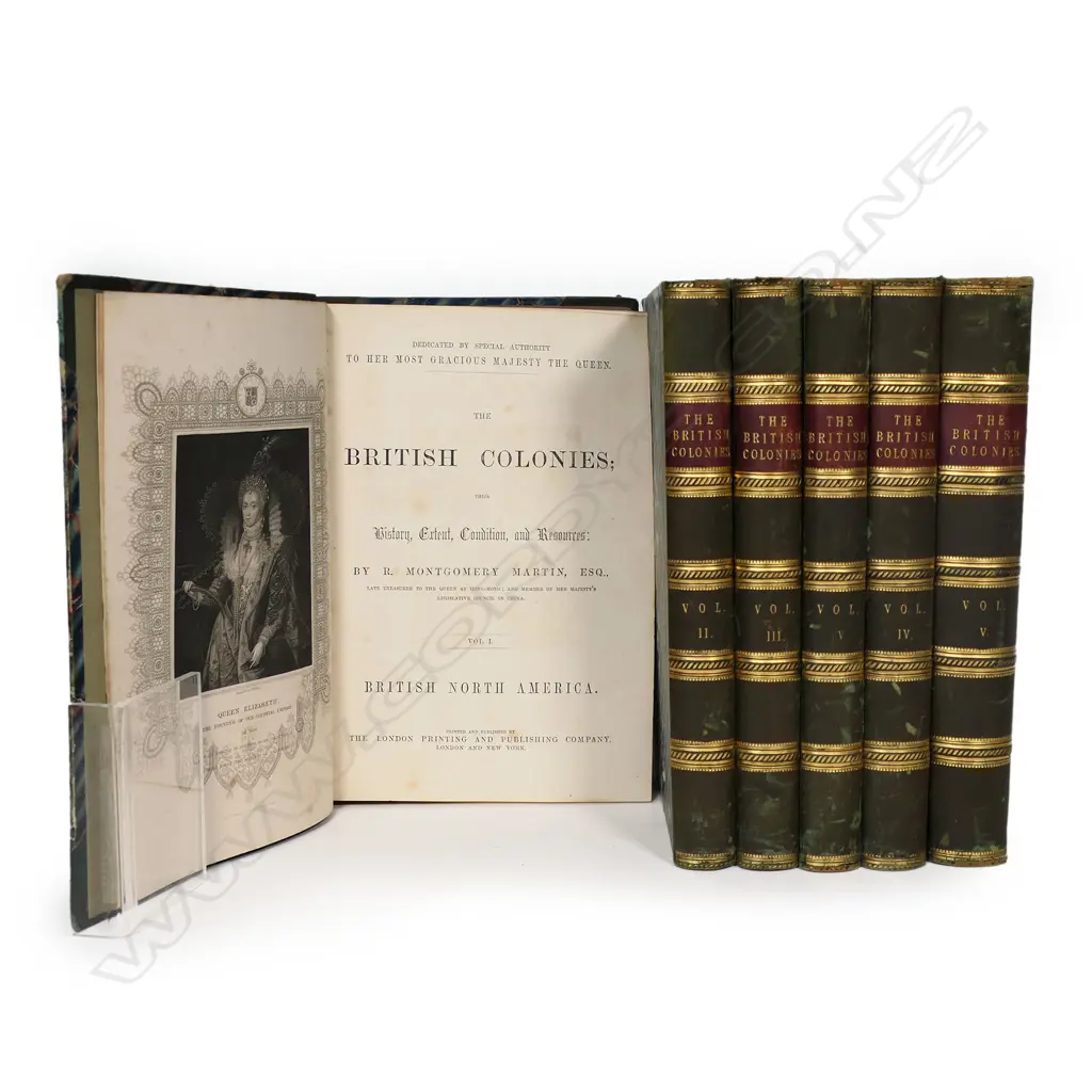 A full six volume set of 'The British Colonies' by R. Montgomery Martin. Included in Vol III - New Zealand (pg. 108-356), and Vol VI - Australia Supplement (175 pg) - large octavo 20 x 28cm, quarter calf-bound, gilt spines, marbled boards (some scuffing), published The London Printing and Publishing Co., nd, c.1853, maps and most illustrations removed. An important 19thC text source of British colonial history, economic data, politics, populations and indigenous history. Image 1++