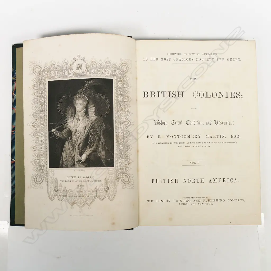 A full six volume set of 'The British Colonies' by R. Montgomery Martin. Included in Vol III - New Zealand (pg. 108-356), and Vol VI - Australia Supplement (175 pg) - large octavo 20 x 28cm, quarter calf-bound, gilt spines, marbled boards (some scuffing), published The London Printing and Publishing Co., nd, c.1853, maps and most illustrations removed. An important 19thC text source of British colonial history, economic data, politics, populations and indigenous history. Image 1++