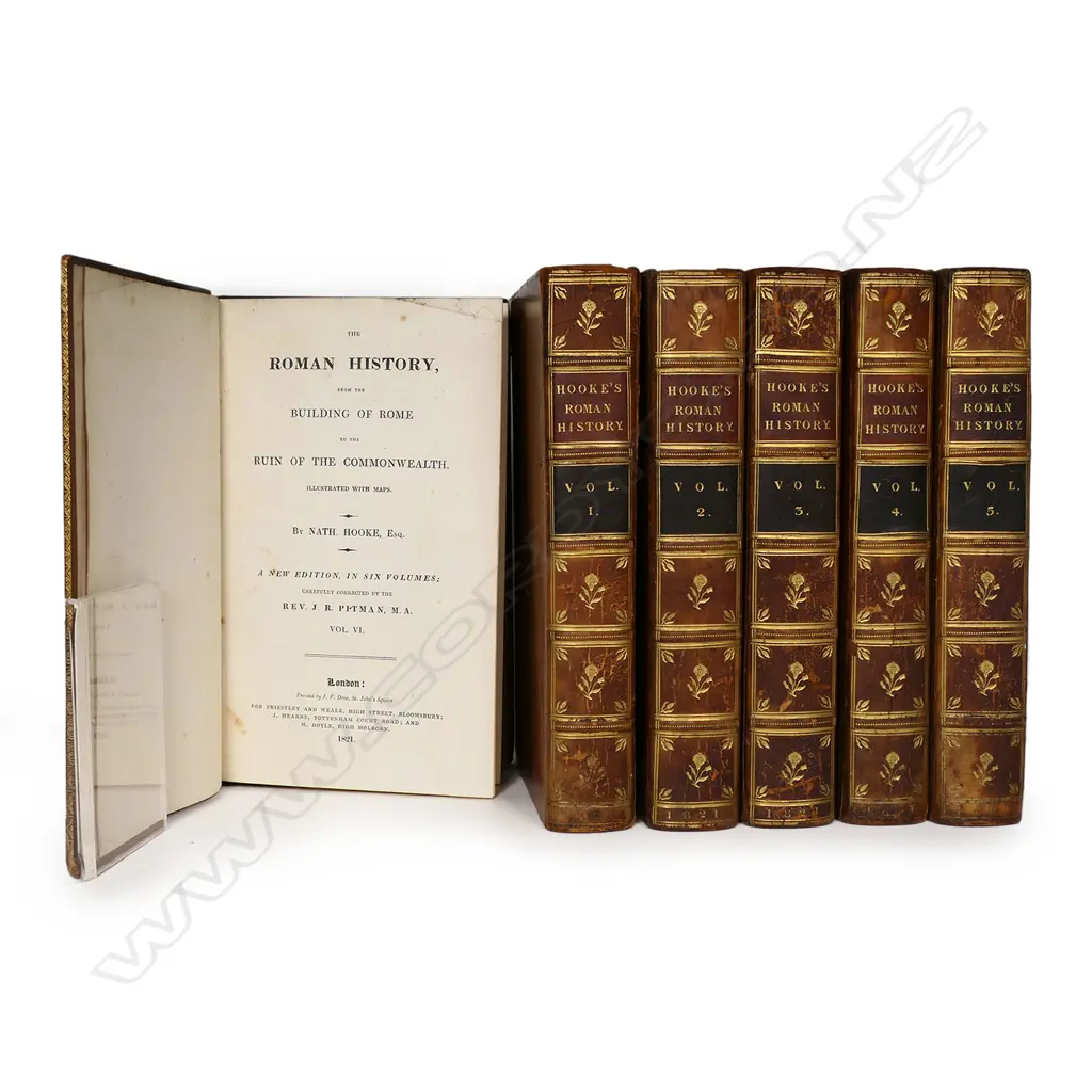 A complete six volume, full calf-bound set, with gilt spines of Nathaniel Hooke's 'Roman History', (1756-71) - published by Priestley and Weale, London, 1821, corrected by Rev. J. R. Pitman. Quarto, with fold out maps. Overall good condition, original owner's signature to vol I. Image 1++