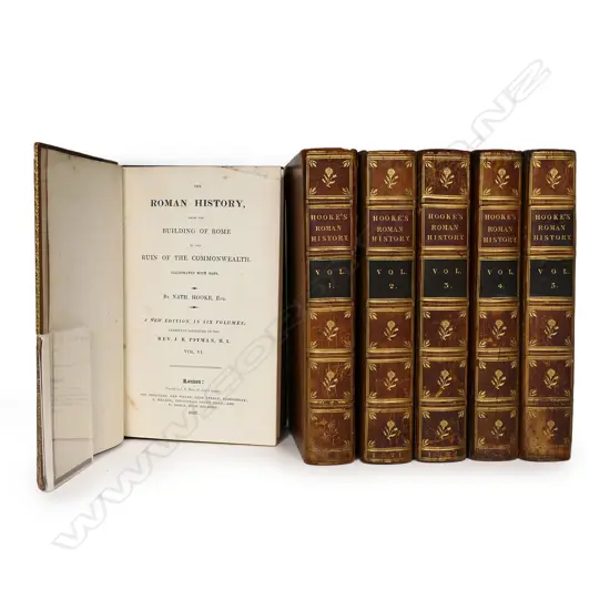 A complete six volume, full calf-bound set, with gilt spines of Nathaniel Hooke's 'Roman History', (1756-71) - published by Priestley and Weale, London, 1821, corrected by Rev. J. R. Pitman. Quarto, with fold out maps. Overall good condition, original owner's signature to vol I.