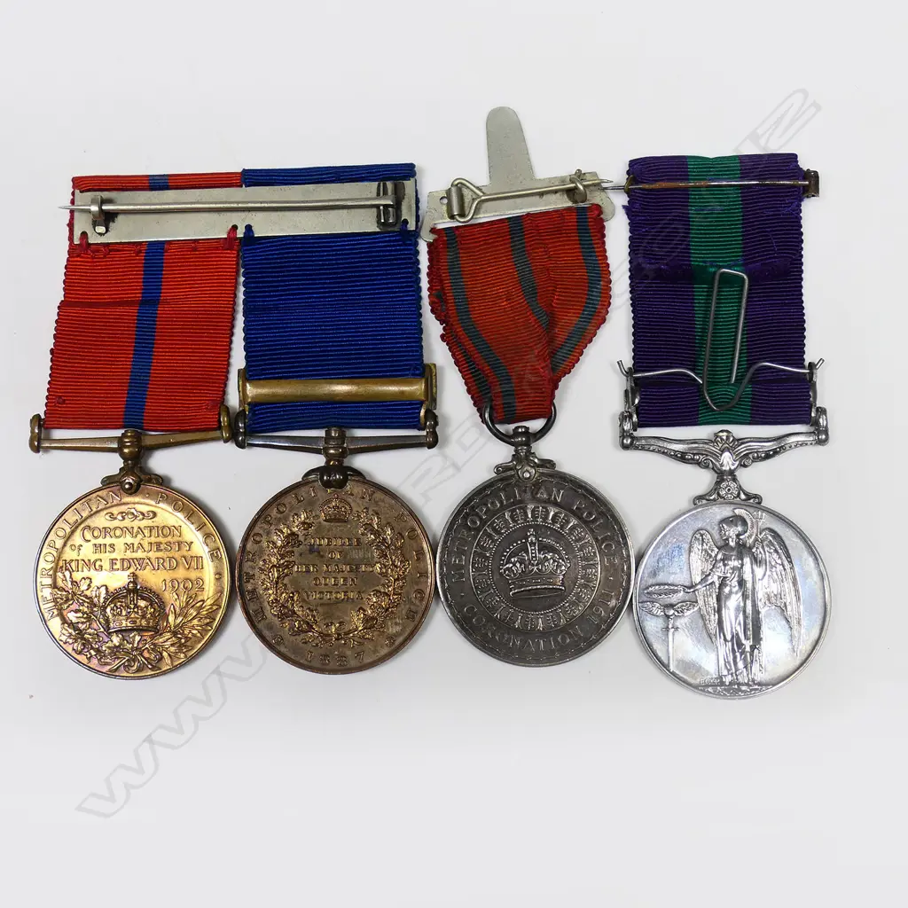 Five English coronation, jubilee and service medals to Police Constable A.Tilling and family - Metropolitan Police Victoria Jubilee medal 1887 with 1897 bar, Metropolitan Police Edw VII coronation medal, Metropolitan Police George V coronation medal, all to A.Tilling; QEII GSM with Arabian Peninsula bar to CFN C.A. Tilling REME; QEII coronation medal framed with a photo of an early 20thC Post Office Messenger Boy Image 1++