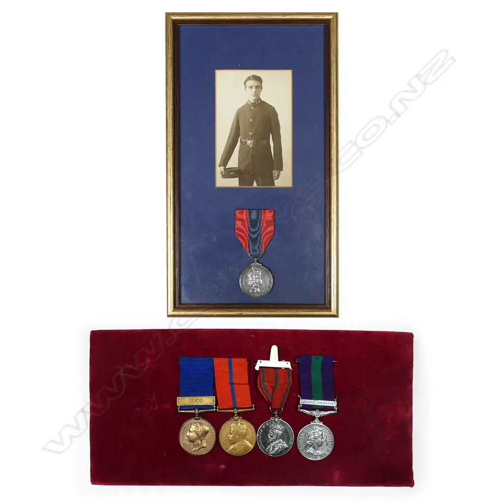 Five English coronation, jubilee and service medals to Police Constable A.Tilling and family - Metropolitan Police Victoria Jubilee medal 1887 with 1897 bar, Metropolitan Police Edw VII coronation medal, Metropolitan Police George V coronation medal, all to A.Tilling; QEII GSM with Arabian Peninsula bar to CFN C.A. Tilling REME; QEII coronation medal framed with a photo of an early 20thC Post Office Messenger Boy Image 1++