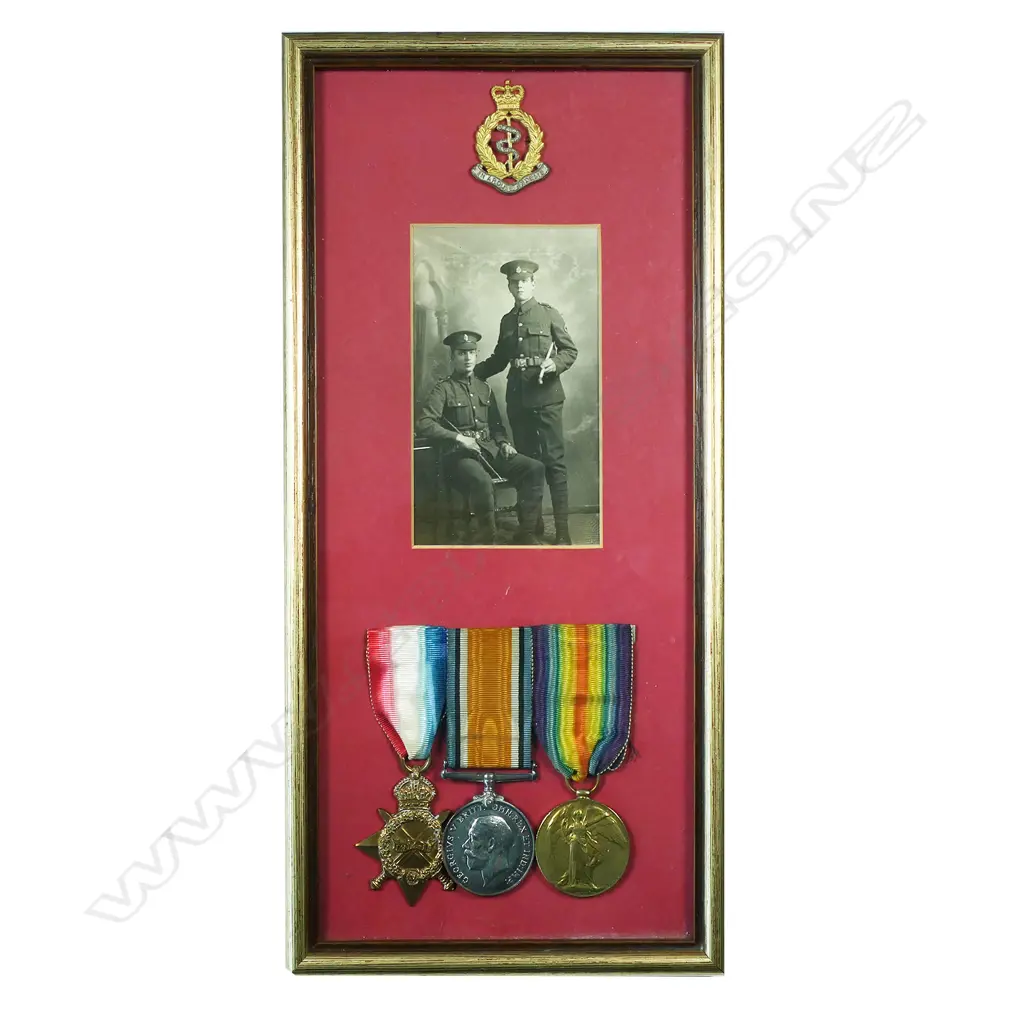 A WWI medal group to 57776 PTE A.Tilling. RAMC - framed with photographs of two RAMC privates below an RAMC cap badge. Overall 345 x 165mm, Image 1++