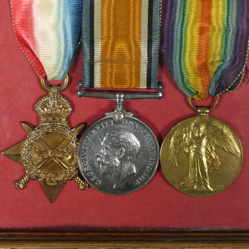 A WWI medal group to 57776 PTE A.Tilling. RAMC - framed with photographs of two RAMC privates below an RAMC cap badge. Overall 345 x 165mm, Image 1++