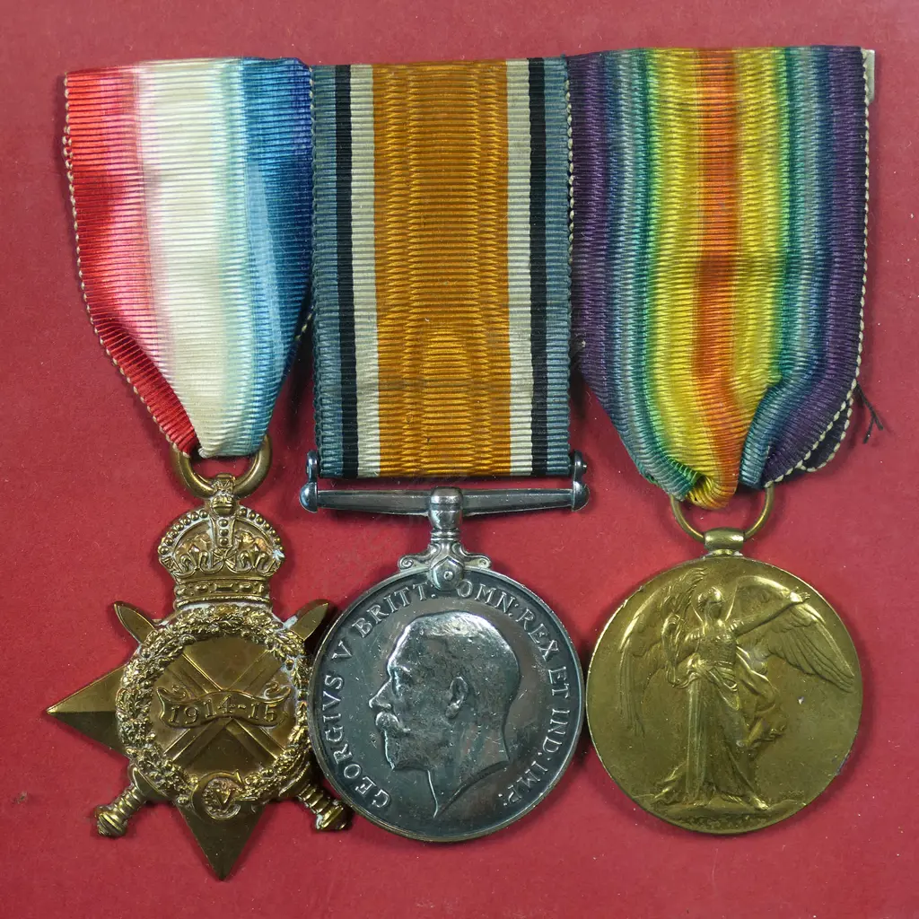 A WWI medal group to 57776 PTE A.Tilling. RAMC - framed with photographs of two RAMC privates below an RAMC cap badge. Overall 345 x 165mm, Image 1++