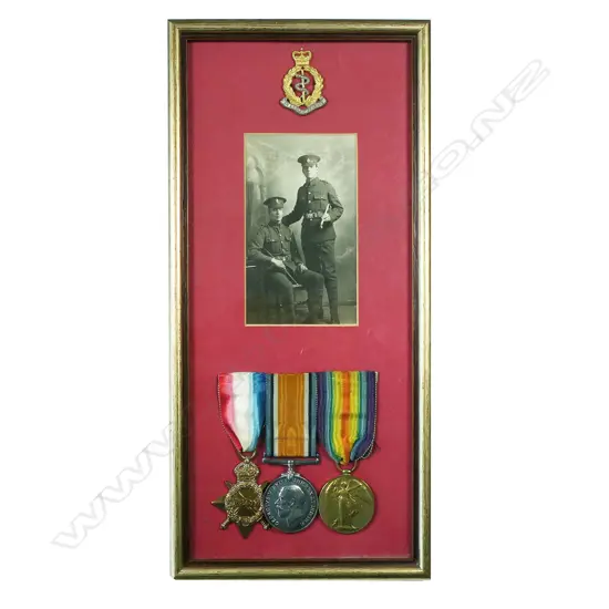A WWI medal group to 57776 PTE A.Tilling. RAMC - framed with photographs of two RAMC privates below an RAMC cap badge. Overall 345 x 165mm,