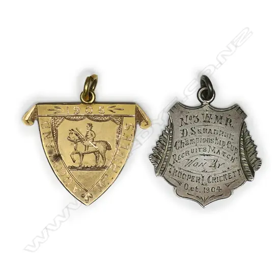 Two early 20thC medallions won by Trooper L. Crickett - one of 9ct gold made by A. Kohn engraved 'Auckland Mounted Rifles 1906 'Waikato Shield'', 4.35gms. The other in silver 'No.3 W.M.R. D. Squadron Championship Cup Recruits Match 1904'.
