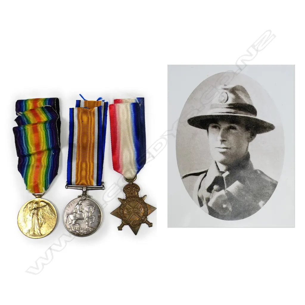 WW1 1914-15 trio of medals with recent copy photo - all named 7/496 TPR S HALL NZEF. Image 1++