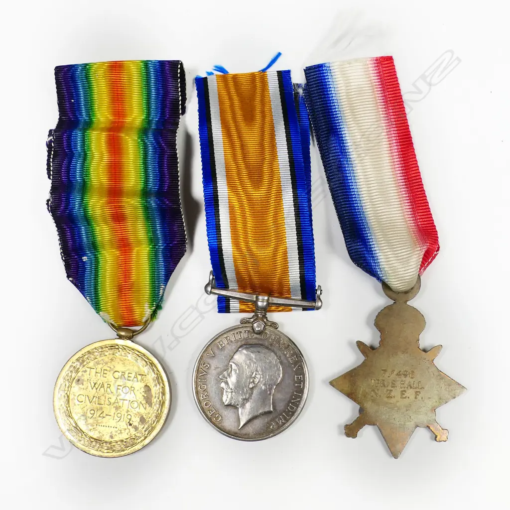 WW1 1914-15 trio of medals with recent copy photo - all named 7/496 TPR S HALL NZEF. Image 1++