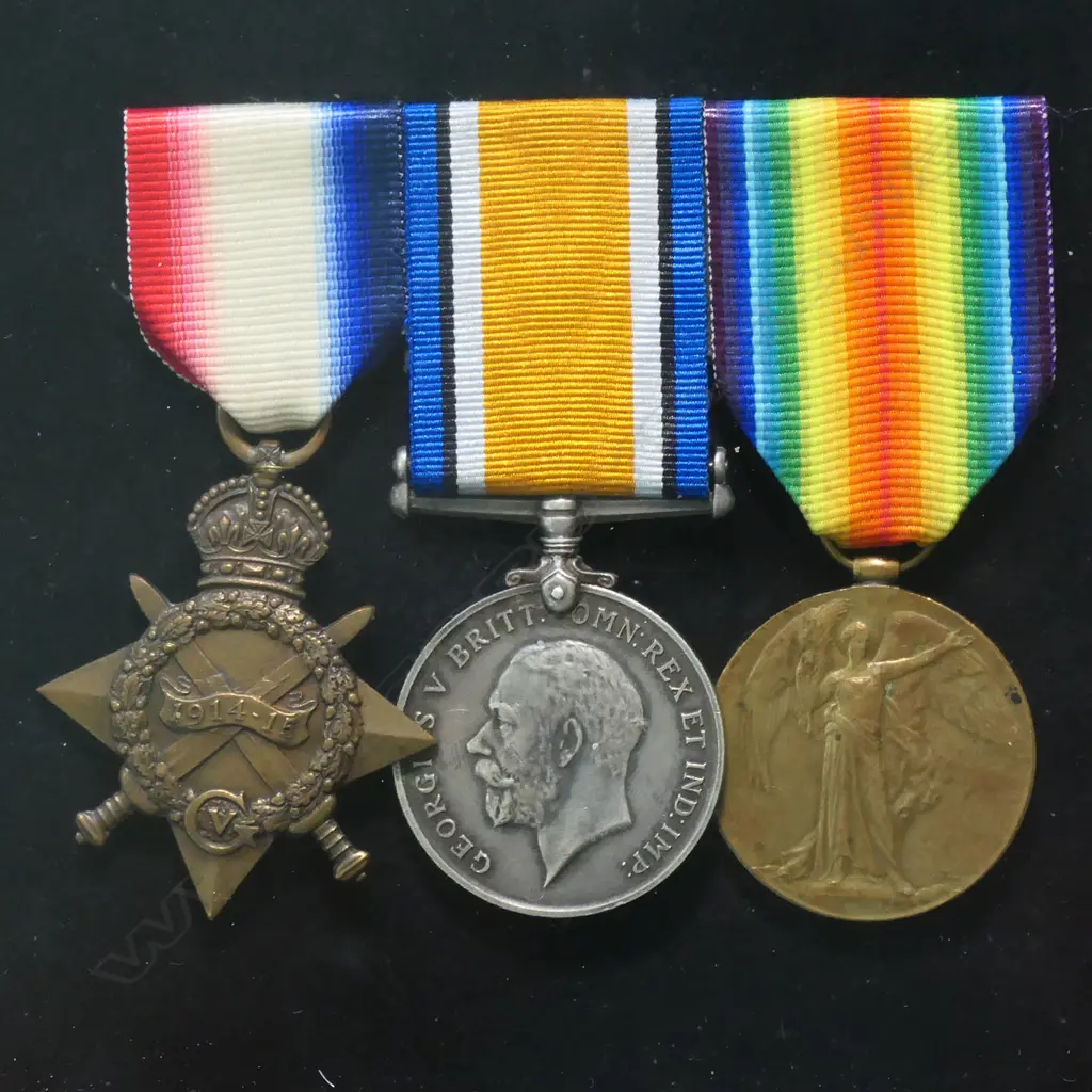 WW1 1914-15 trio of medals in modern frame - with copied photo, to 12/134 2/LT E HORROBIN NZEF. Edwin Horrobin enlisted in the Auckland Infantry in October 1914. He was a bank officer working in Auckland for the Bank of Australasia. He embarked as a Private and served with the Auckland Infantry at Gallipoli. He was later posted to HQ in London where he had clerical roles. He worked for the Bank of Australasia for 41 years, his last 12 years as manager in Napier (likely during the earthquake) before he retired in 1943. He died in 1963. Image 1++