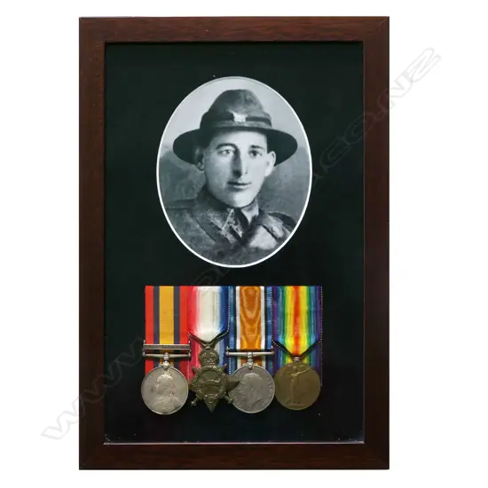 The Boer War and WW1 medals to war to Frederick William Lucas killed on Gallipoli - in a modern frame with a copy photo. QSA 9033 PTE F W LUCAS 10TH NZ CONT. 1914-15 Star and 1914-18 War Medal 13/708 TPR F W LUCAS NZEF. The Victory Medal an erased or un-named filler. Frederick was the manager of the NZ Dairy Assoc creamery at Whangarata and later the creamery at Kaukapakapa. He was killed in action on 8 August 1915 during the attack on Chunuk Bair – aged 32.
