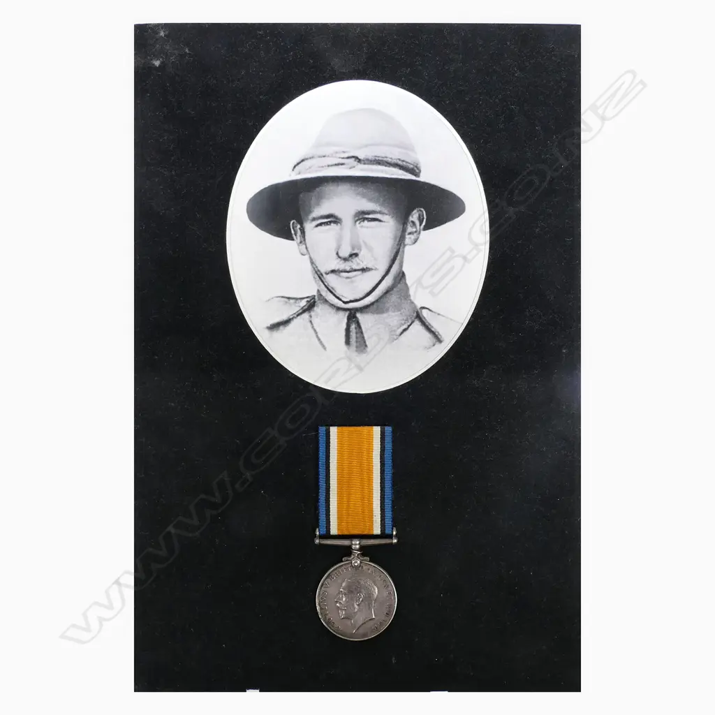 The 1914-18 War Medal to George Phillips - of the Taranaki Company, Wellington Infantry, killed in the Battle for Chunuk Bair under Colonel Malone on 8 August 1915. The medal impressed correctly 10/1319 PTE G PHILLIPS NZEF. Displayed on card with copy photo. Image 1++