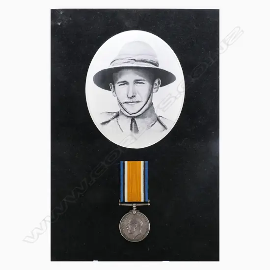The 1914-18 War Medal to George Phillips - of the Taranaki Company, Wellington Infantry, killed in the Battle for Chunuk Bair under Colonel Malone on 8 August 1915. The medal impressed correctly 10/1319 PTE G PHILLIPS NZEF. Displayed on card with copy photo.
