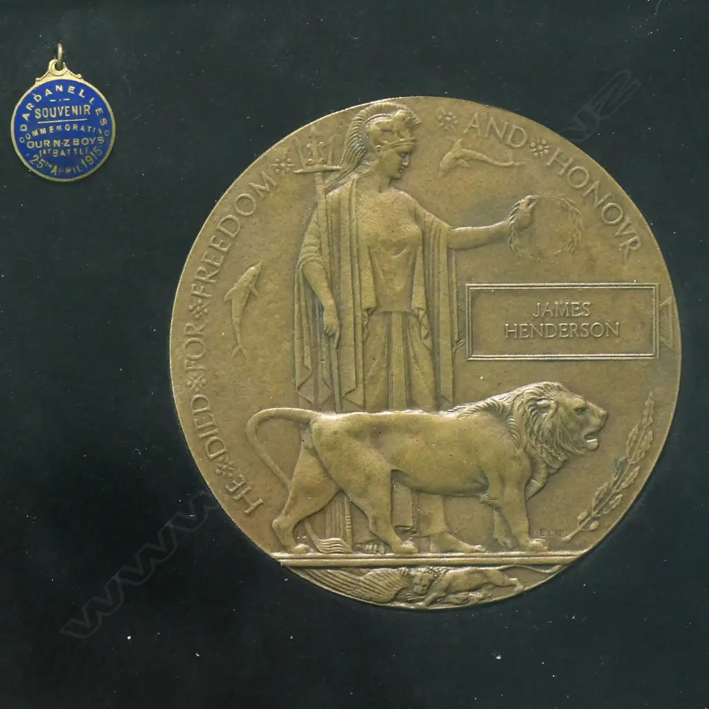The historic WW1 Memorial Plaque named to JAMES HENDERSON - in modern frame with copy photo. Presumed to be 13/277 Lieutenant James Henderson from Kihikihi was a single farmer who served with the Waikato Mounted Rifles at Gallipoli and was killed at Chunuk Bair on 8 August 1915. Image 1++