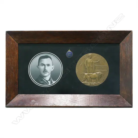 The historic WW1 Memorial Plaque named to JAMES HENDERSON - in modern frame with copy photo. Presumed to be 13/277 Lieutenant James Henderson from Kihikihi was a single farmer who served with the Waikato Mounted Rifles at Gallipoli and was killed at Chunuk Bair on 8 August 1915.