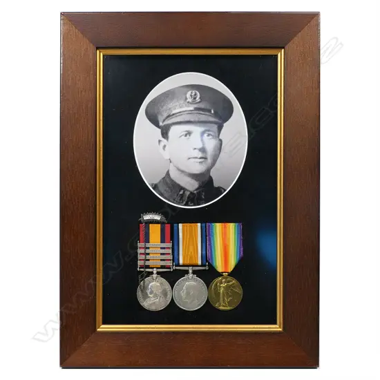 The Boer War and WW1 Medals to Charles Kelland - of the Canterbury Infantry. Killed with the Trench Mortars, on the Somme 28 April 1918. Charles Kelland served in the Boer War with the 7th NZ Contingent. His QSA is named 4418 PTE C C KELLAND 7TH NZ CONT. His WW1 pair is named 27307 PTE C C KELLAND NZEF. Mounted in modern frame with small NZ Boer War veterans fern leaf badge and copy photo.