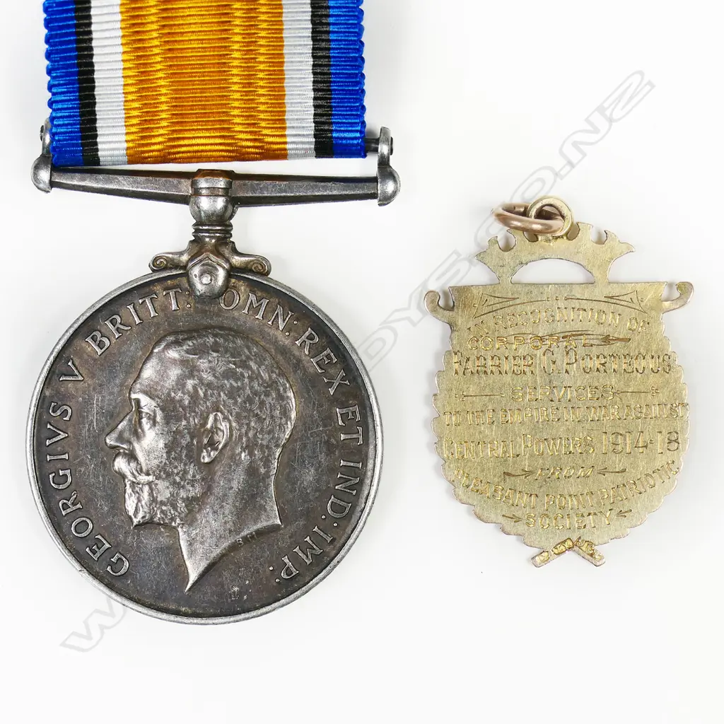 1914-18 War medal to 16120 (T) CPL G J PORTEOUS NZEF - he served in the Canterbury Mounted Rifles in Sinai and Palestine and then the conclusion of the war formed part of the occupation force which served in Turkey and returned to Gallipoli in November 1918 to bury the dead. Quite rare as such. Sold with his elaborately engraved gold fob from the town he was from. This is 9ct and weighs 6.9gms. Image 1++