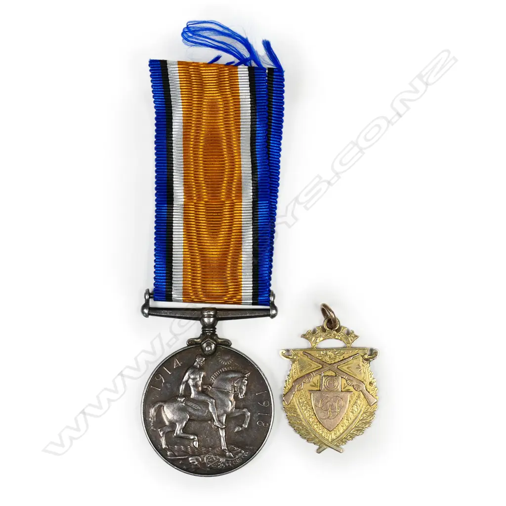 1914-18 War medal to 16120 (T) CPL G J PORTEOUS NZEF - he served in the Canterbury Mounted Rifles in Sinai and Palestine and then the conclusion of the war formed part of the occupation force which served in Turkey and returned to Gallipoli in November 1918 to bury the dead. Quite rare as such. Sold with his elaborately engraved gold fob from the town he was from. This is 9ct and weighs 6.9gms. Image 1++