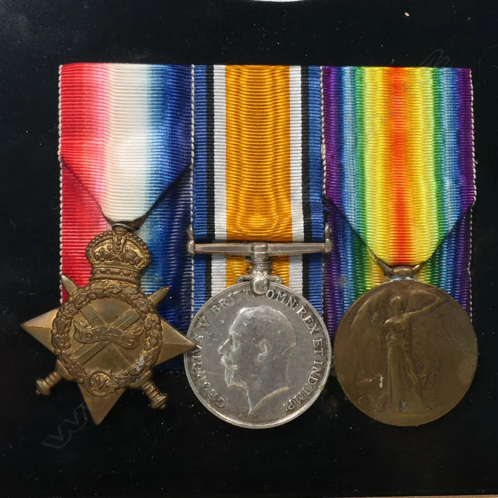 1914-15 medal trio in new frame with copy photo of 10/1345 PTE A F N STEVENS NZEF - the son of a prostitute, he was taken from his mother and put in an industrial school. Arthur was killed at Chunuk Bair whilst serving with the Wellington Infantry aged 36. He was reported missing in the battle and later presumed dead. His body was never recovered. Image 1++