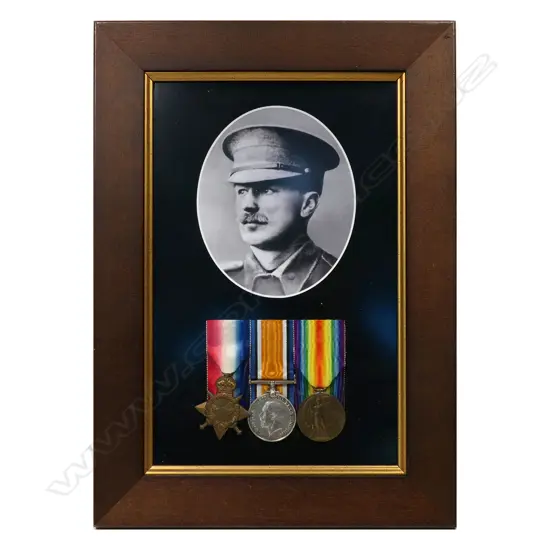 1914-15 medal trio in new frame with copy photo of 10/1345 PTE A F N STEVENS NZEF - the son of a prostitute, he was taken from his mother and put in an industrial school. Arthur was killed at Chunuk Bair whilst serving with the Wellington Infantry aged 36. He was reported missing in the battle and later presumed dead. His body was never recovered.