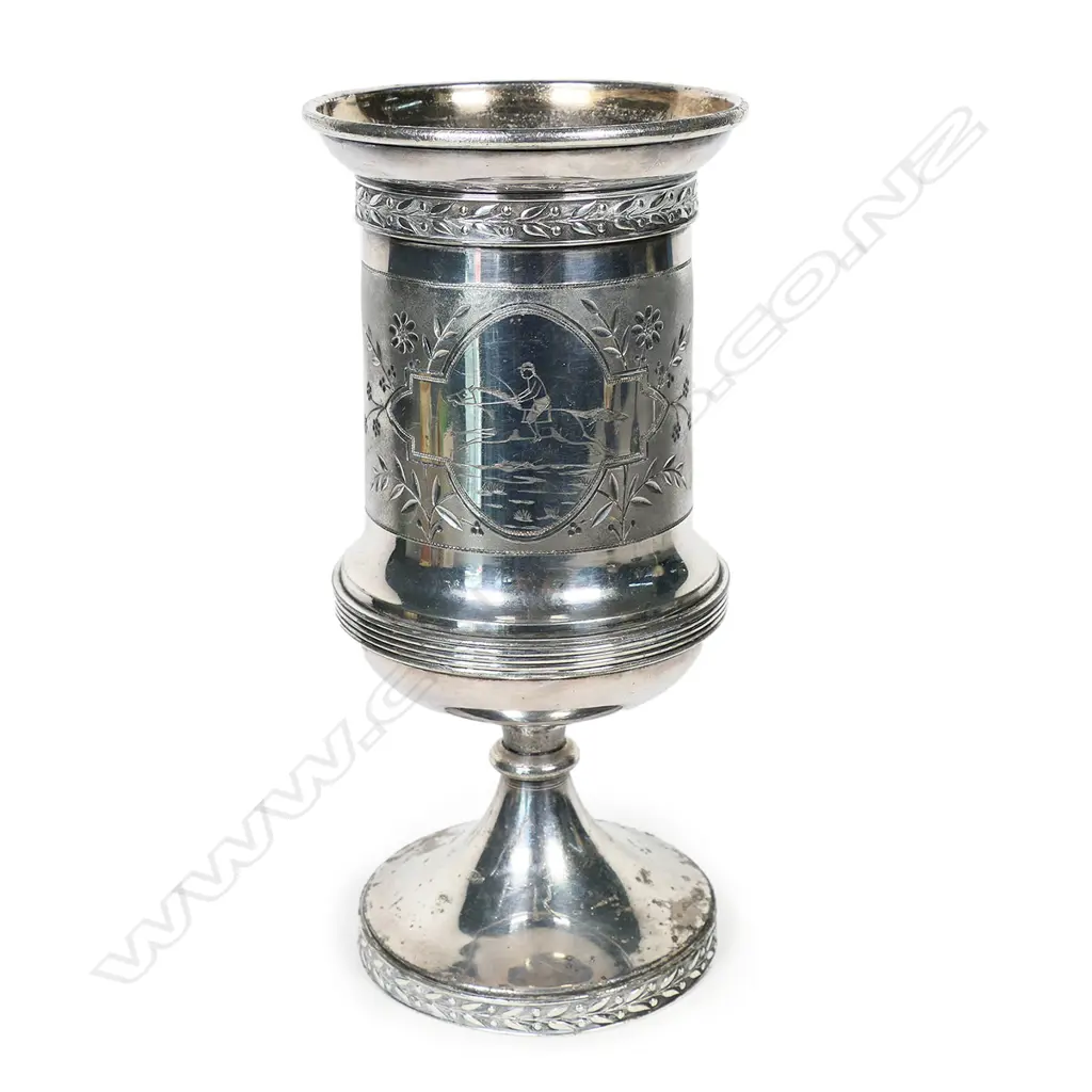 The Onehunga Regatta 1887 silver plate trophy cup - by Simpson, Hall, Miller & Co (Wallingford, Connecticut, USA). Dia.97mm. H.210mm. Image 1++