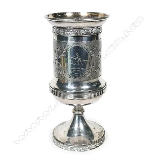 The Onehunga Regatta 1887 silver plate trophy cup - by Simpson, Hall, Miller & Co (Wallingford, Connecticut, USA). Dia.97mm. H.210mm.
