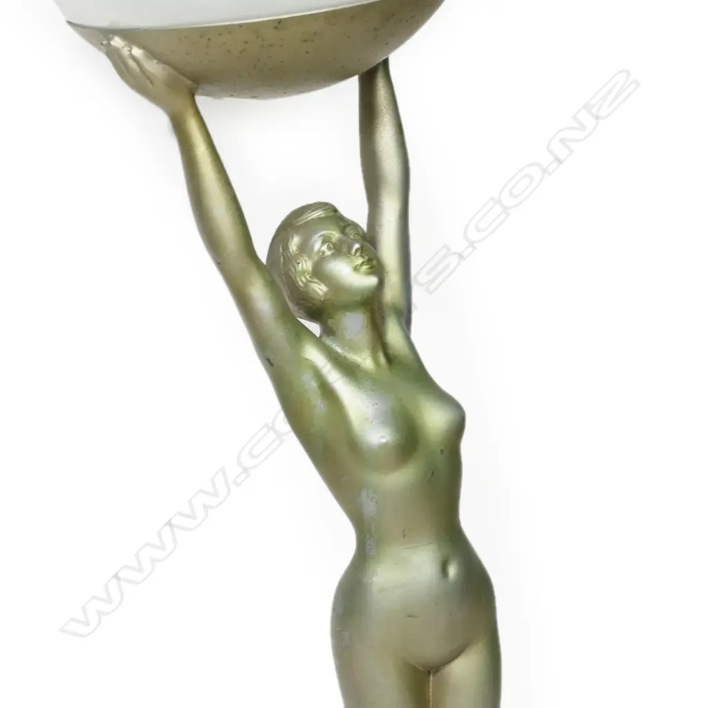 An Art Deco cold-painted silvered spelter nude figured table lamp, by Jacques Limousin, c.1930s - the athletic figure holds a white glass spherical shade above her head, signed to the base 'Limousin', raised on alabaster plinth. Overall H.600mm. some small losses to Image 1++