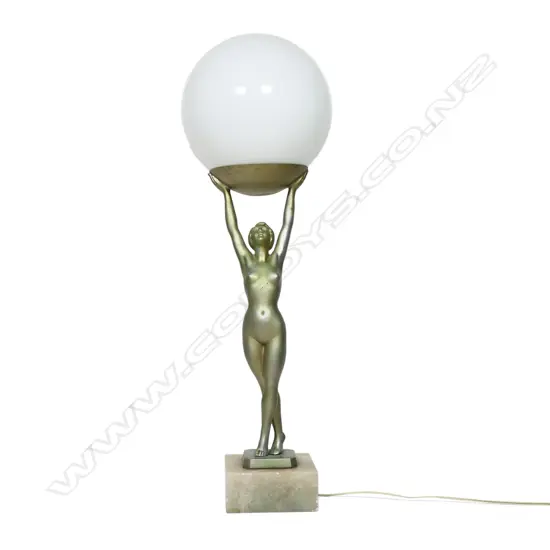 An Art Deco cold-painted silvered spelter nude figured table lamp, by Jacques Limousin, c.1930s - the athletic figure holds a white glass spherical shade above her head, signed to the base 'Limousin', raised on alabaster plinth. Overall H.600mm. some small losses to