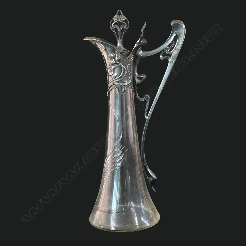 WMF Art Nouveau silver plate and cut glass tall ewer decanter - floral and whip-lash mounts, narrow tapered body. H.380mm. Image 1++