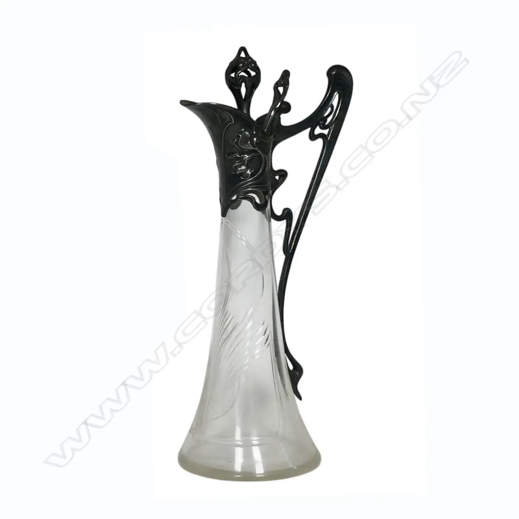 WMF Art Nouveau silver plate and cut glass tall ewer decanter - floral and whip-lash mounts, narrow tapered body. H.380mm. Image 1++