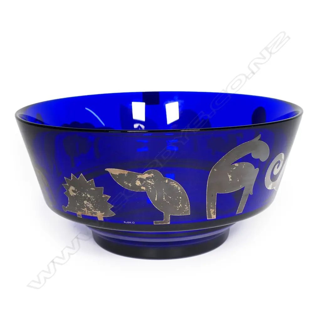 Rosenthal Egizia (Italian) art glass bowl designed by Sottsass - heavy cobalt blue bowl decorated with hand silk-screened animals in ‘Argento’ (sterling silver). Labelled and etched marks. Dia.260mm. Image 1++