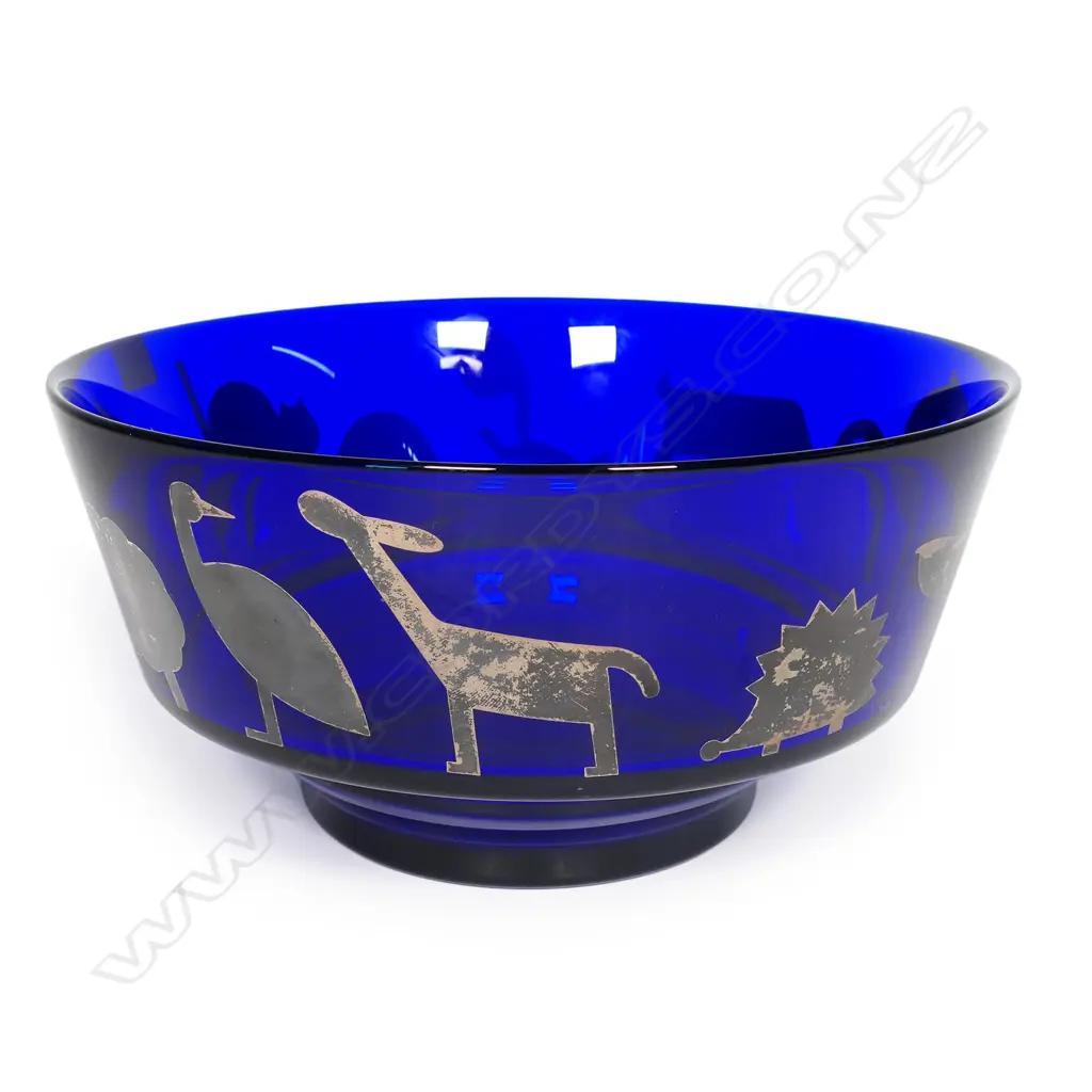 Rosenthal Egizia (Italian) art glass bowl designed by Sottsass - heavy cobalt blue bowl decorated with hand silk-screened animals in ‘Argento’ (sterling silver). Labelled and etched marks. Dia.260mm. Image 1++