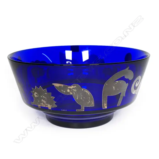Rosenthal Egizia (Italian) art glass bowl designed by Sottsass - heavy cobalt blue bowl decorated with hand silk-screened animals in ‘Argento’ (sterling silver). Labelled and etched marks. Dia.260mm.