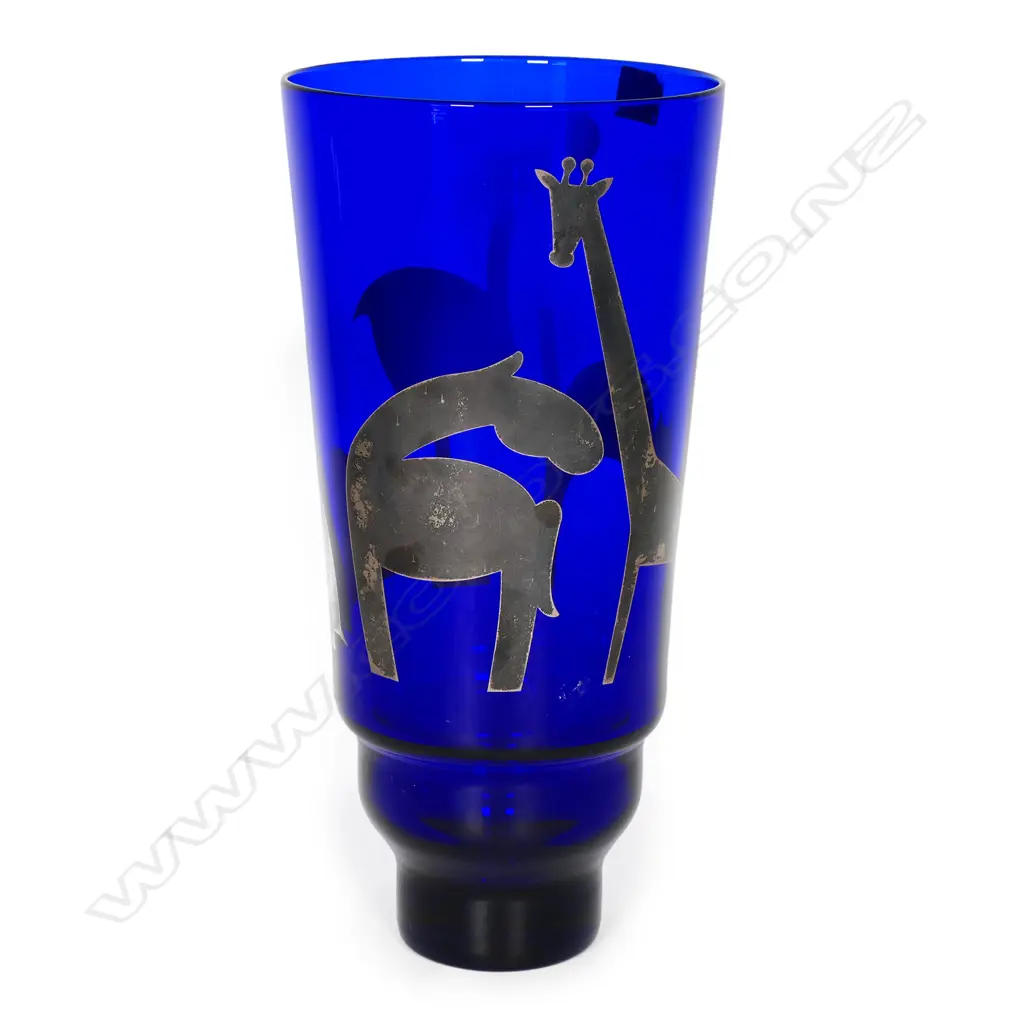 Rosenthal Egizia (Italian) art glass tall vase designed by Sottsass - heavy cobalt blue bowl decorated with hand silk-screened animals in ‘Argento’ (sterling silver). Labelled and etched marks. H.288mm. Image 1++