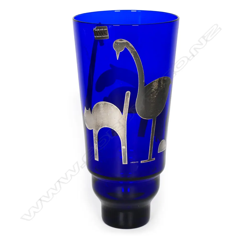 Rosenthal Egizia (Italian) art glass tall vase designed by Sottsass - heavy cobalt blue bowl decorated with hand silk-screened animals in ‘Argento’ (sterling silver). Labelled and etched marks. H.288mm. Image 1++